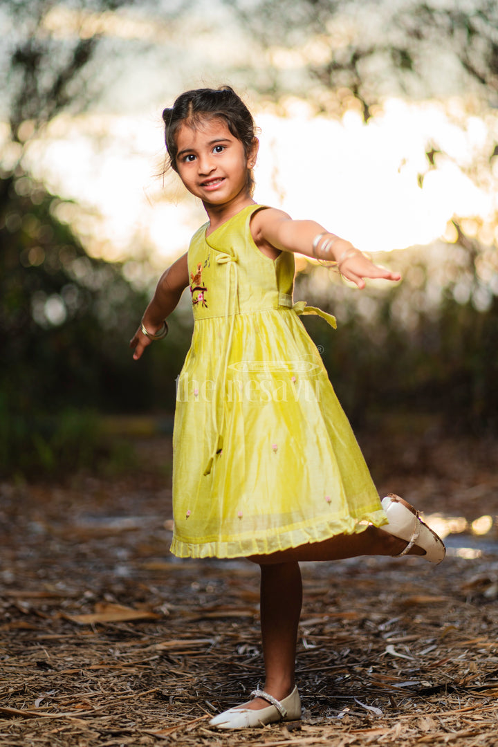 Baby Cotton Frock in Green with Bird Embroidery and Floral Detailing for Girls