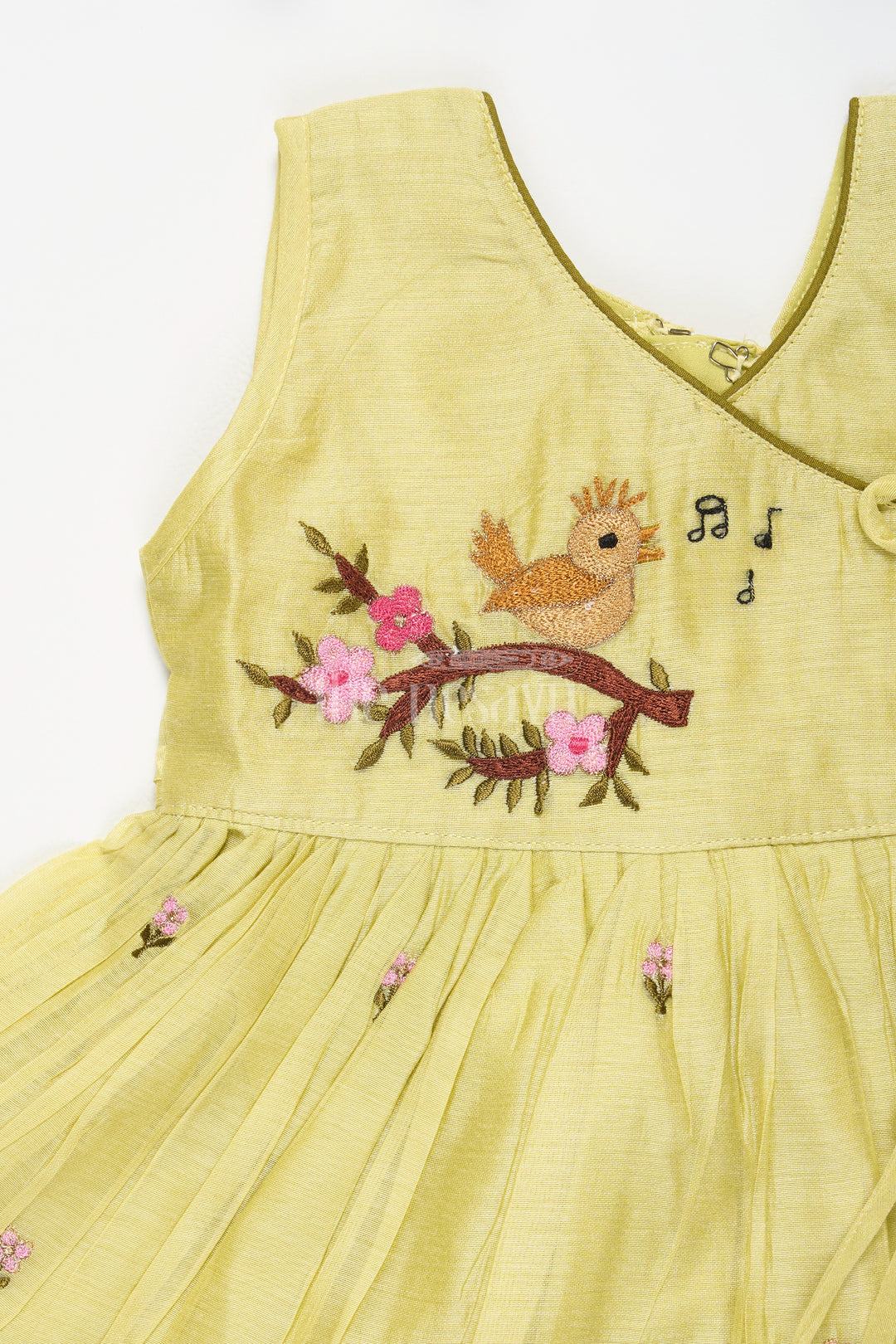 Baby Cotton Frock in Green with Bird Embroidery and Floral Detailing for Girls