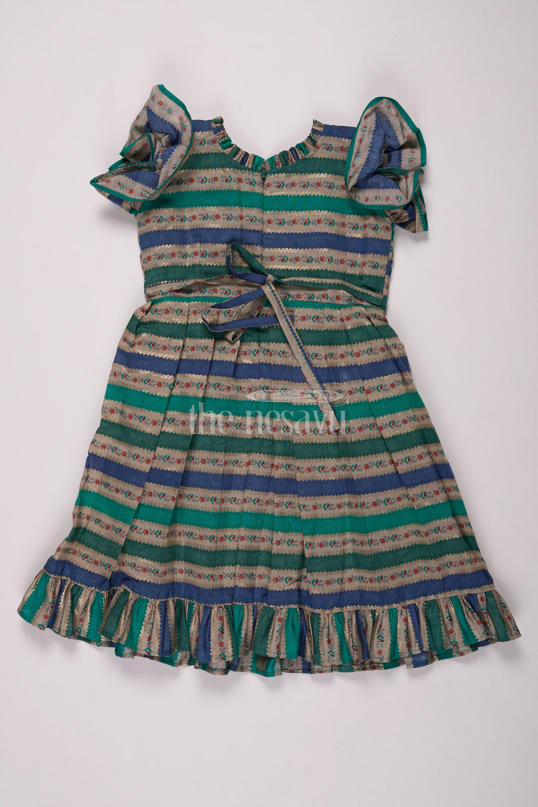 Green Striped Modal Silk Fancy Frock with Pleated Bodice and Ruffled Hem for Girls