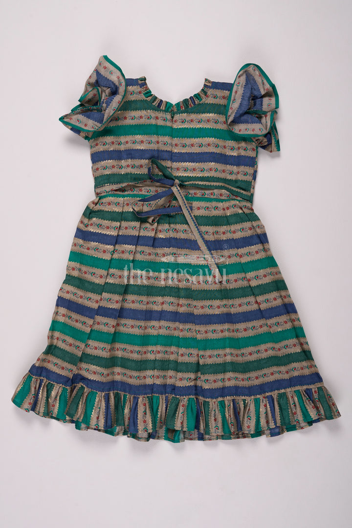 Green Striped Modal Silk Fancy Frock with Pleated Bodice and Ruffled Hem for Girls