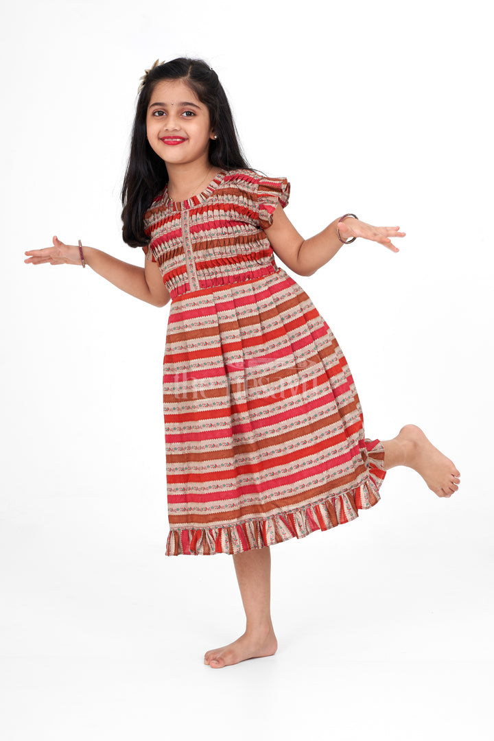 Elegant Cotton Long Frock for Ladies in Printed Chanderi with Stripes and Ruffle Hem