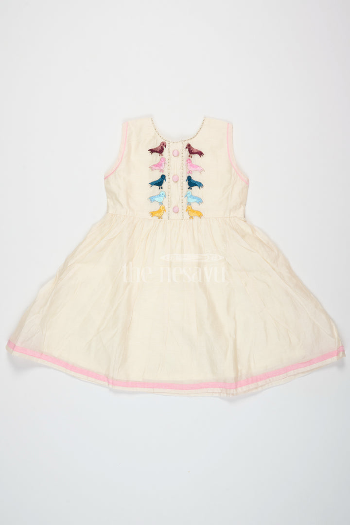 Ivory Chanderi Cotton Frock for Girls with Colorful Bird Embroidery and Pink Trim