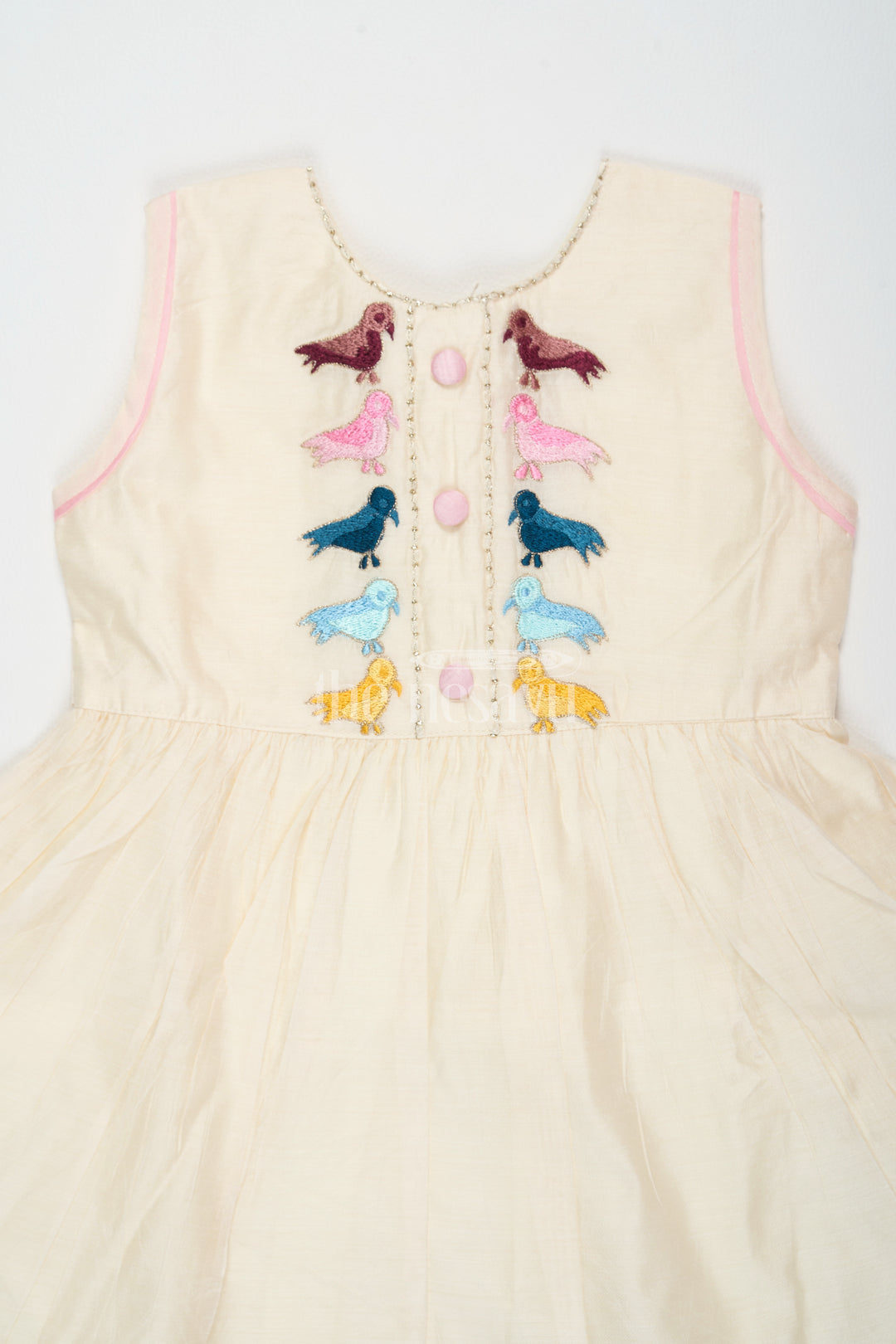 Ivory Chanderi Cotton Frock for Girls with Colorful Bird Embroidery and Pink Trim