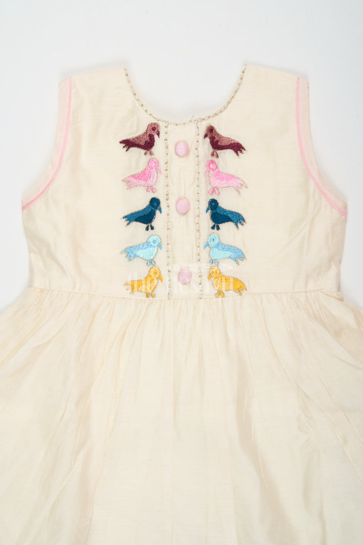 Ivory Chanderi Cotton Frock for Girls with Colorful Bird Embroidery and Pink Trim