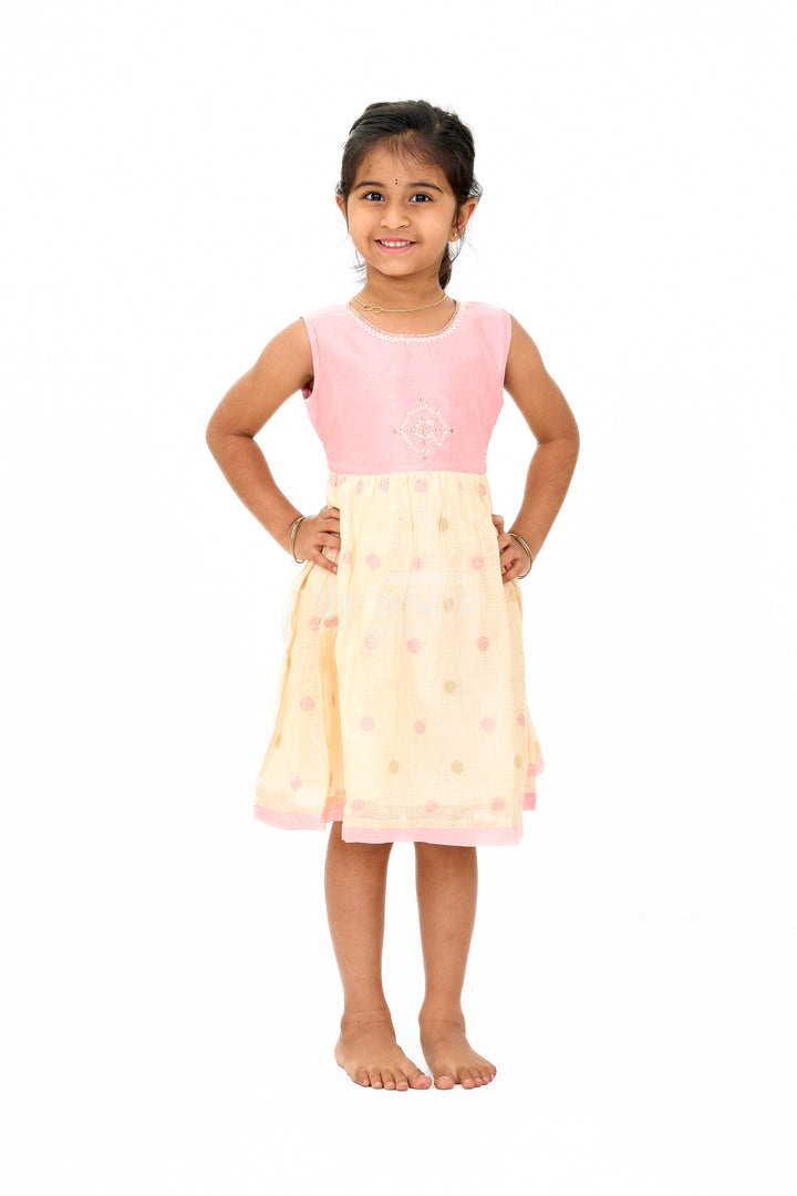 Pink and Beige Chanderi Cotton Frock for Girls with Gold Embroidery and Polka Dot Skirt