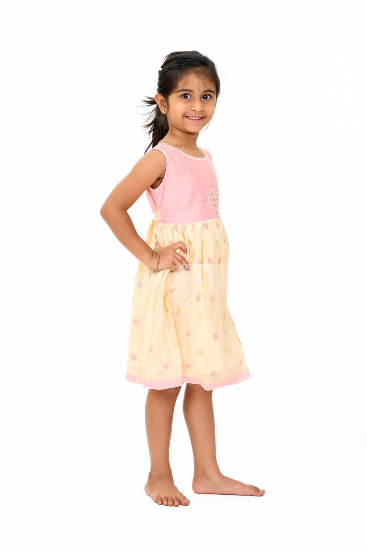 Pink and Beige Chanderi Cotton Frock for Girls with Gold Embroidery and Polka Dot Skirt