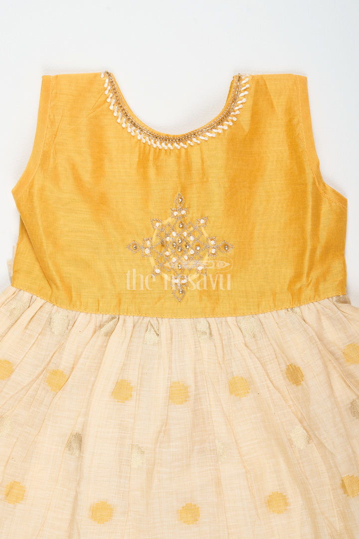 Mustard and Beige Chanderi Cotton Frock for Girls with Silver Beadwork and Polka Dot Details