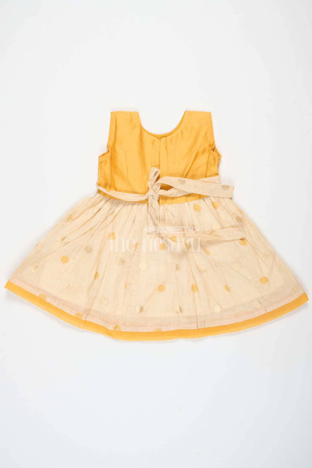 Mustard and Beige Chanderi Cotton Frock for Girls with Silver Beadwork and Polka Dot Details