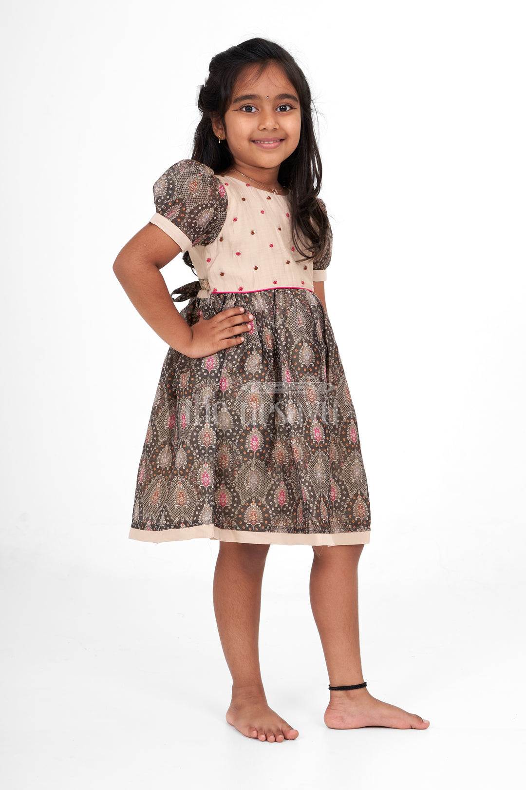 Beige Chanderi Printed Girls Cotton Frock with Floral Embroidery – Traditional Pattu Long Frock