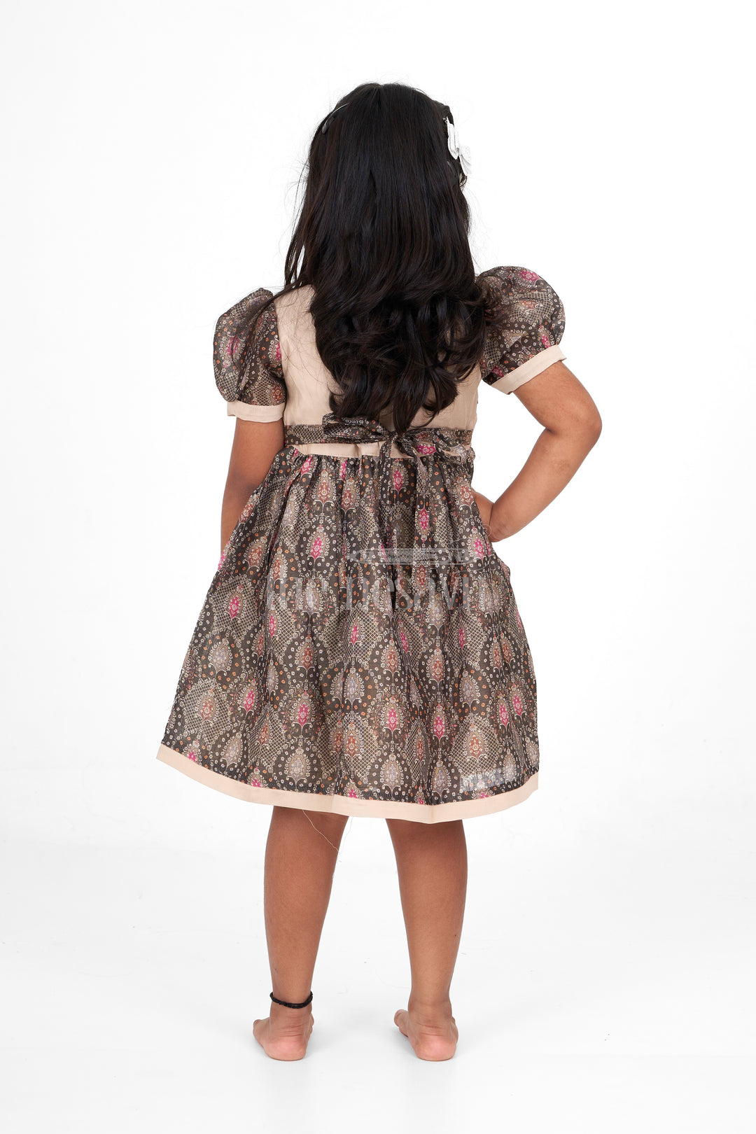 Beige Chanderi Printed Girls Cotton Frock with Floral Embroidery – Traditional Pattu Long Frock