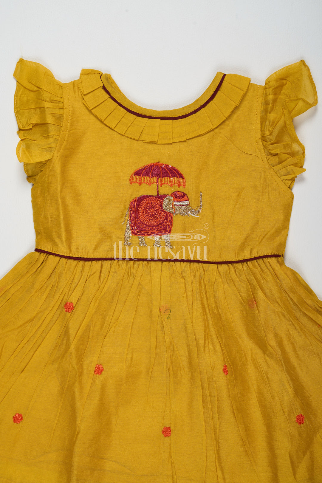 Mustard Chanderi Cotton Frock for Girls with Elephant Embroidery – Festive Dress for Traditional Events