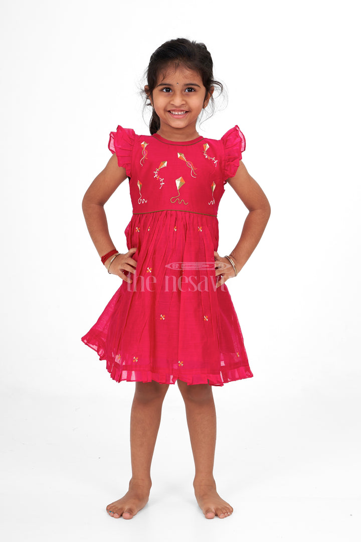 Red Chanderi Cotton Frock for Girls with Kite Embroidery – Fun and Playful Festive Outfit