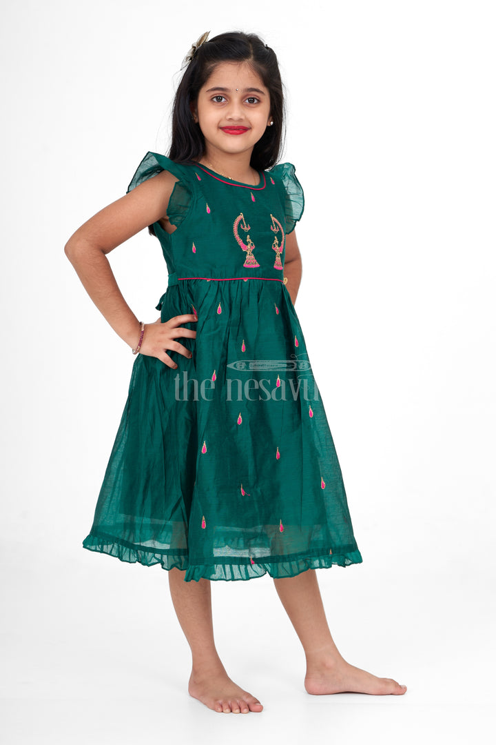 Green Chanderi Cotton Frock with Earring Embroidery for Girls – Traditional Attire for Festive Occasions