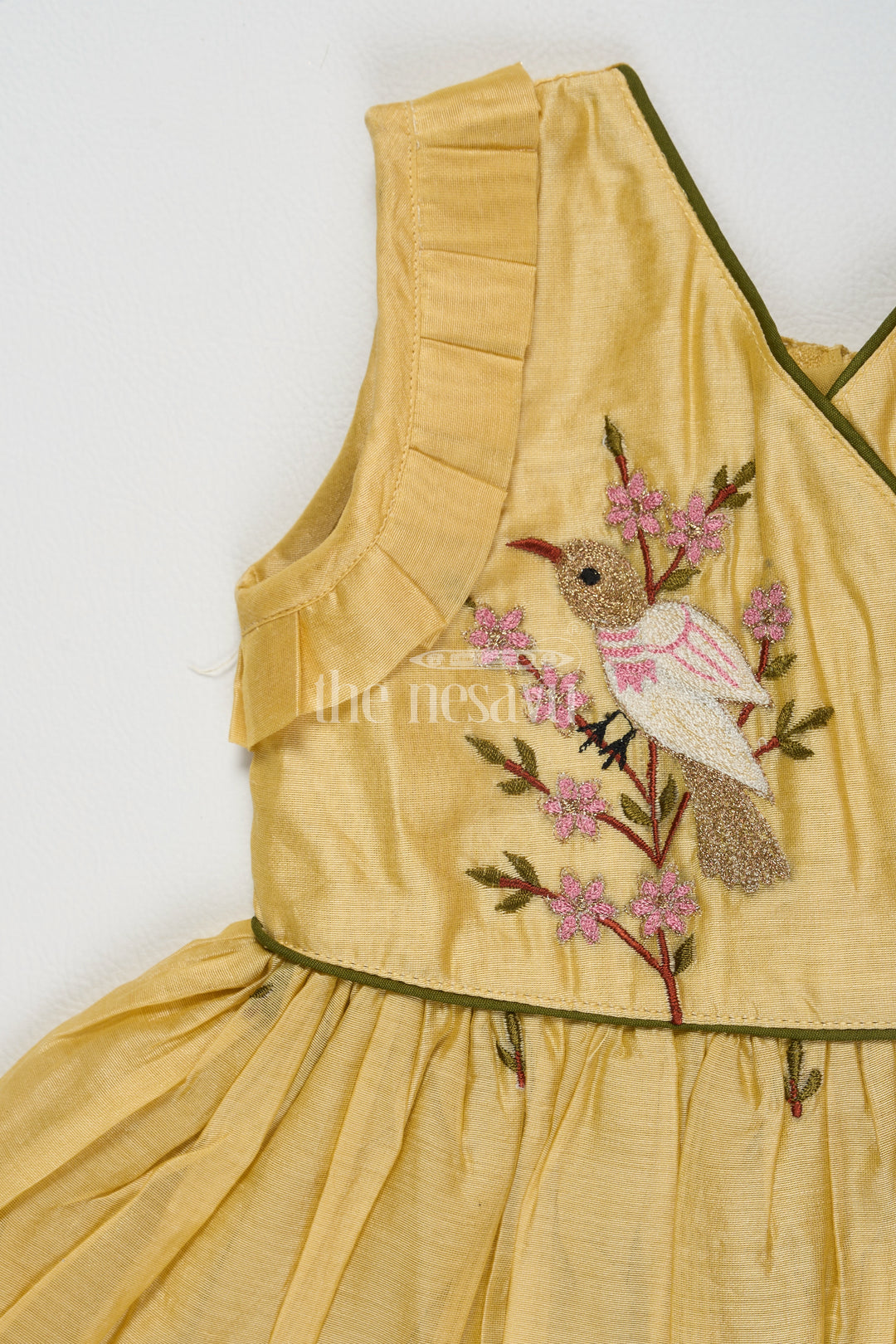 Mustard Chanderi Cotton Frock for Girls with Bird Embroidery – Festive and Casual Dress