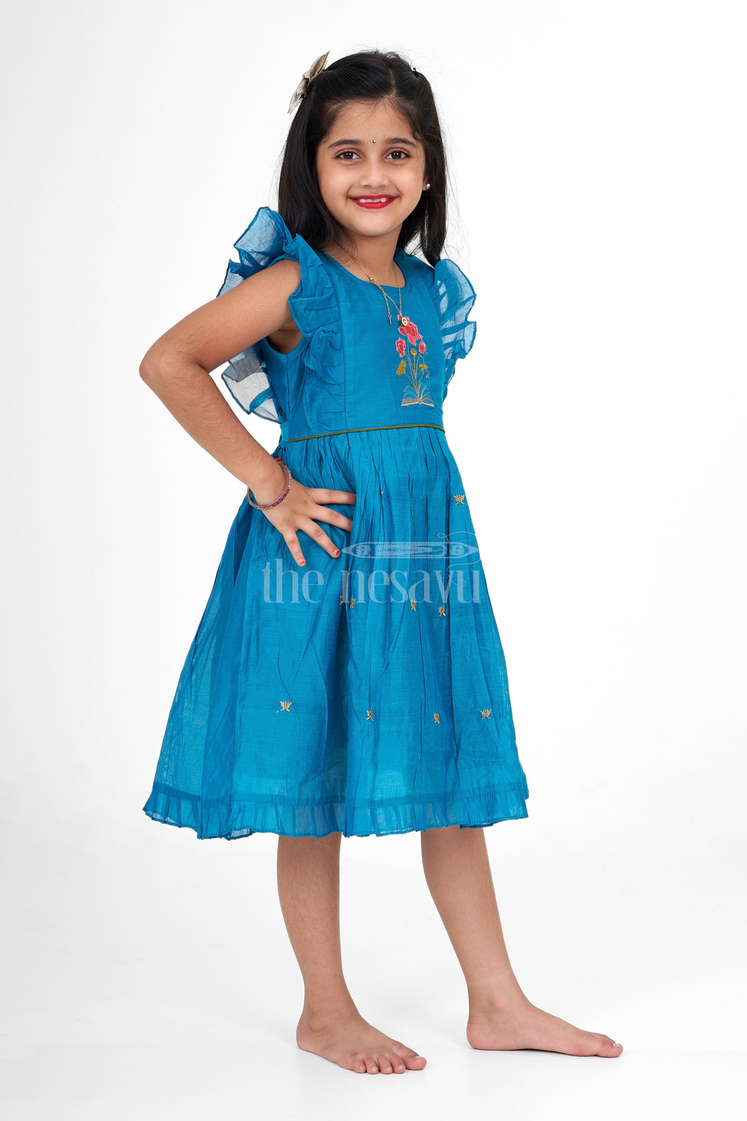 Teal Blue Chanderi Cotton Frock for Girls with Floral Embroidery – Ethnic Dress for Girls