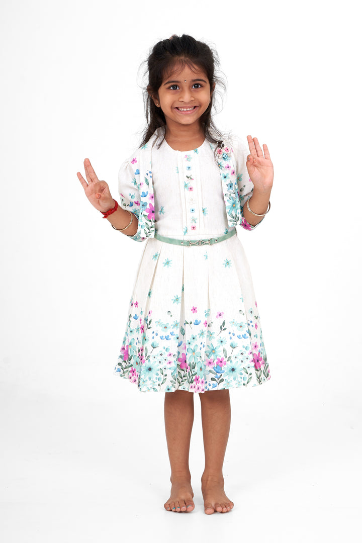 Girls White Flax Cotton Printed Frock with Floral Design Diwali Ethnic Wear