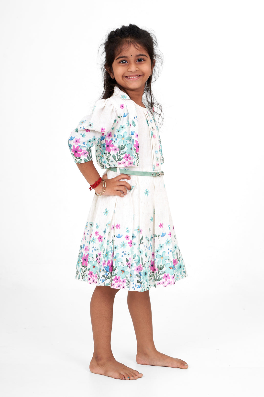 Girls White Flax Cotton Printed Frock with Floral Design Diwali Ethnic Wear