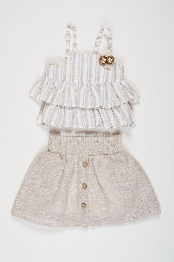 Girls Cotton Frock Ladies Casual Set in Flax Cotton Blend with Ruffled Top and Buttoned Skirt, Perfect for Summer Outings