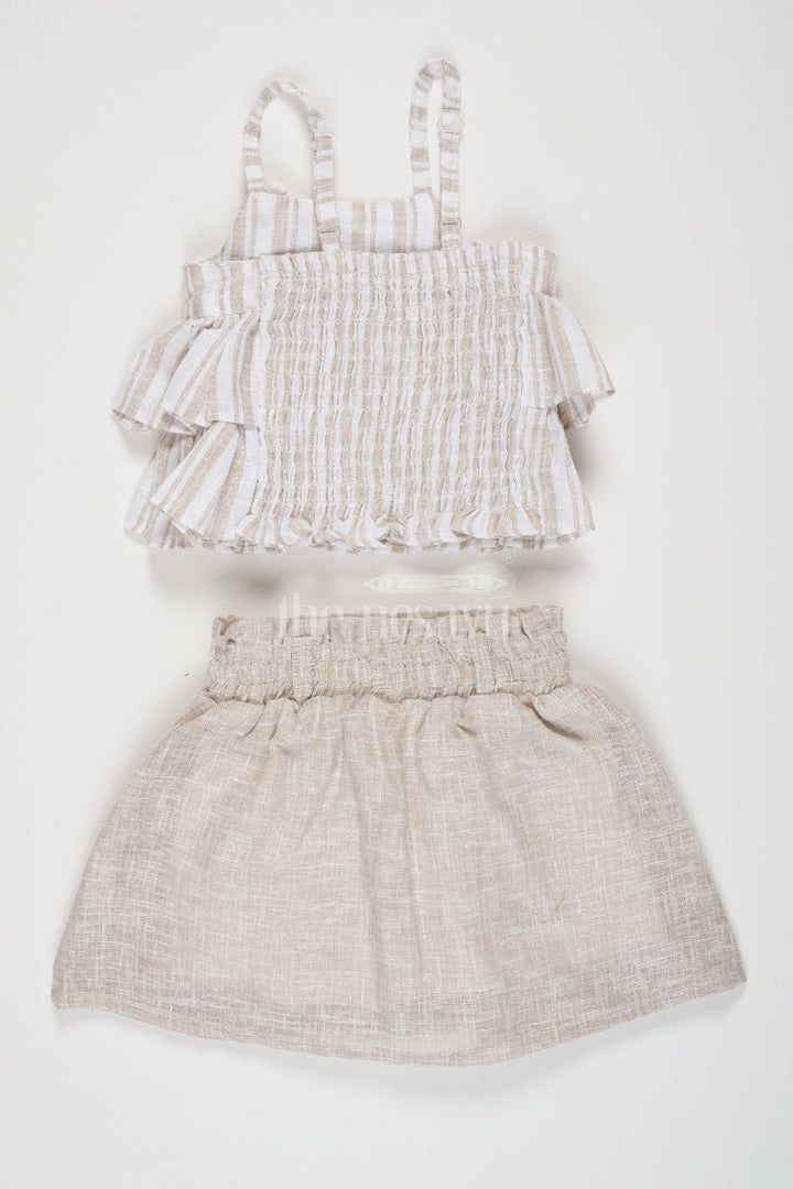 Girls Cotton Frock Ladies Casual Set in Flax Cotton Blend with Ruffled Top and Buttoned Skirt, Perfect for Summer Outings