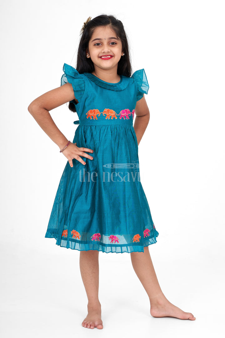 Blue Girls Party Frock in Chanderi with Colorful Elephant Embroidery Perfect for Special Occasions