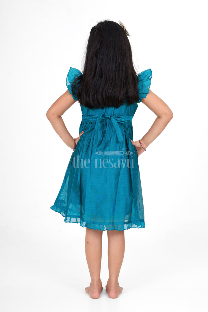 Blue Girls Party Frock in Chanderi with Colorful Elephant Embroidery Perfect for Special Occasions