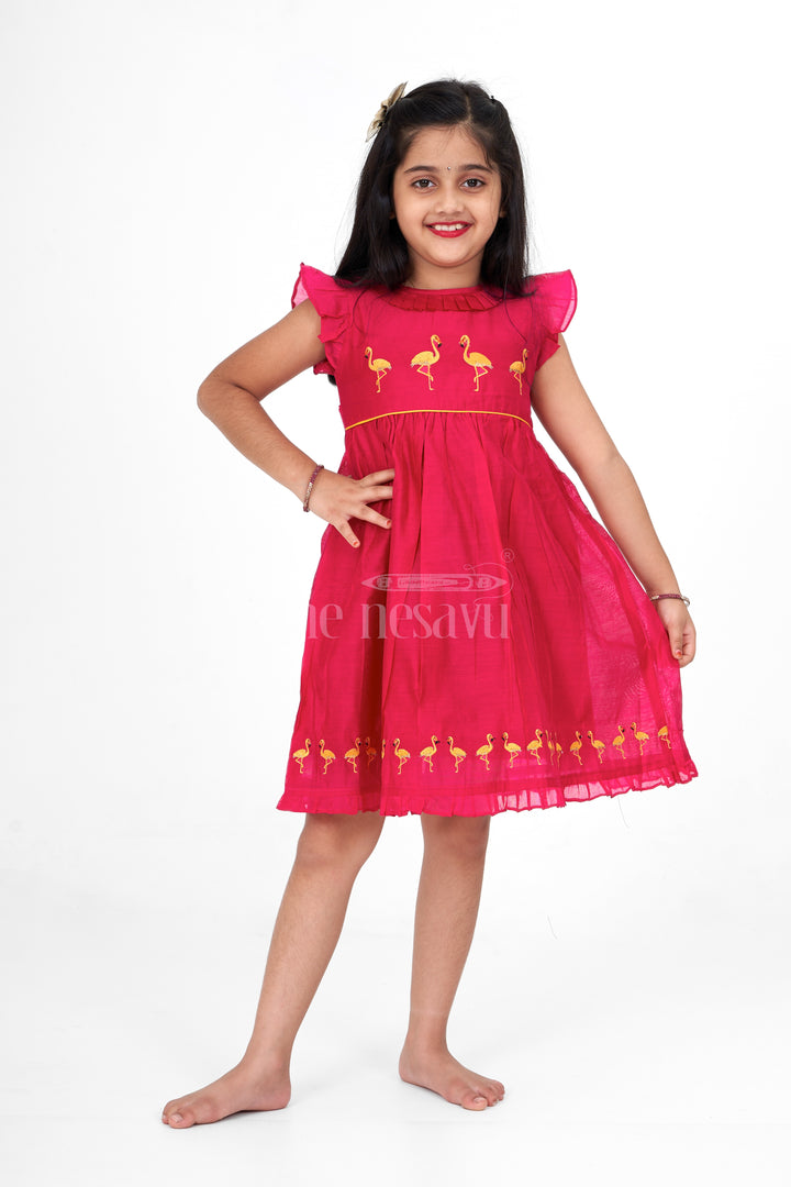 Maroon Chanderi Girls Party Frock with Gold Flamingo Embroidery Elegant and Festive Wear