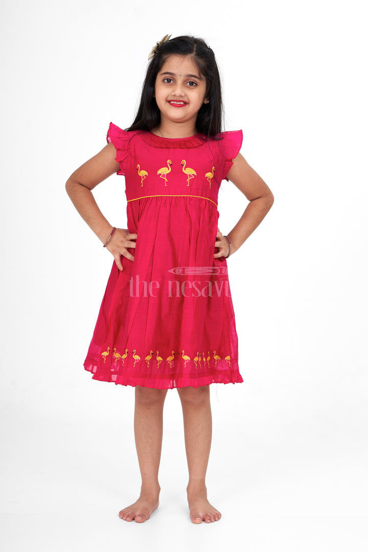 Maroon Chanderi Girls Party Frock with Gold Flamingo Embroidery Elegant and Festive Wear