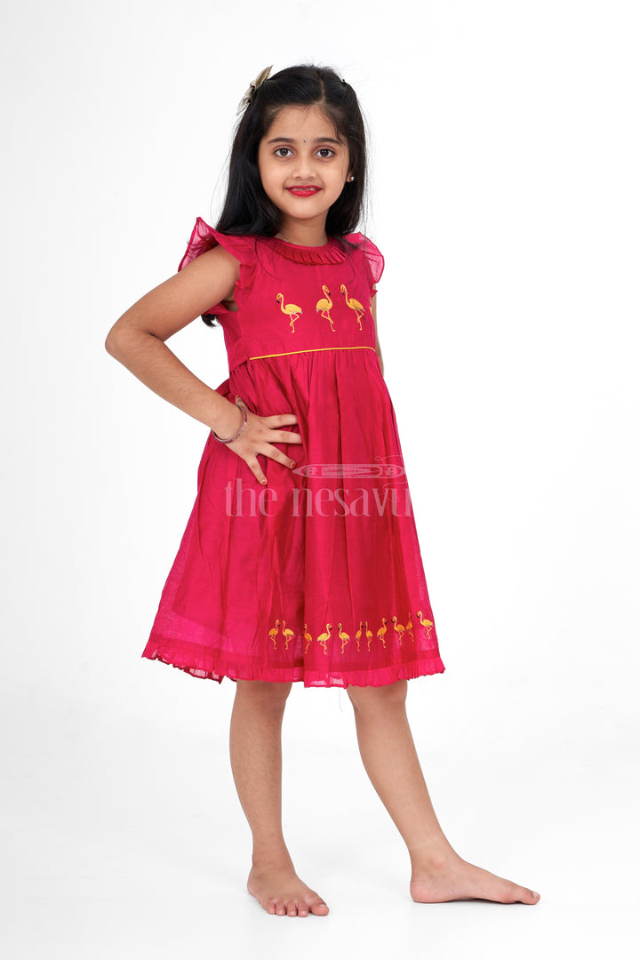 Maroon Chanderi Girls Party Frock with Gold Flamingo Embroidery Elegant and Festive Wear