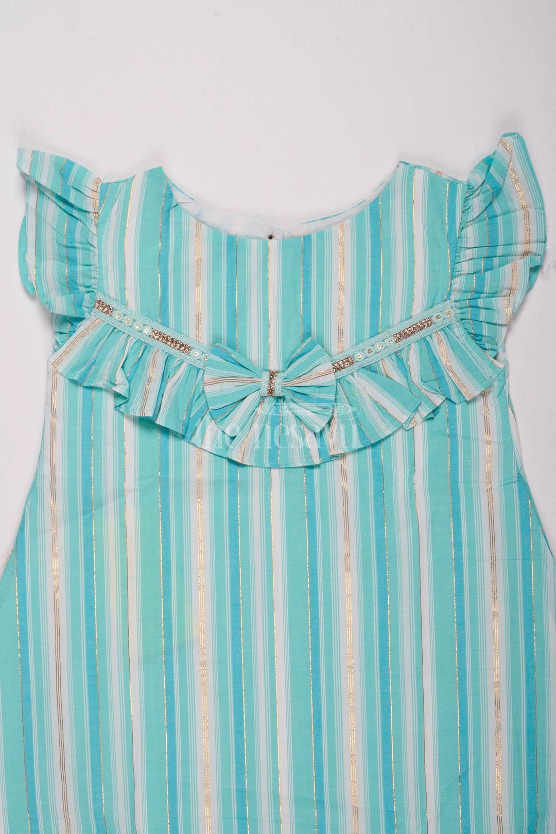 Girls Blue Striped Cotton Frock with Ruffles and Bow Details