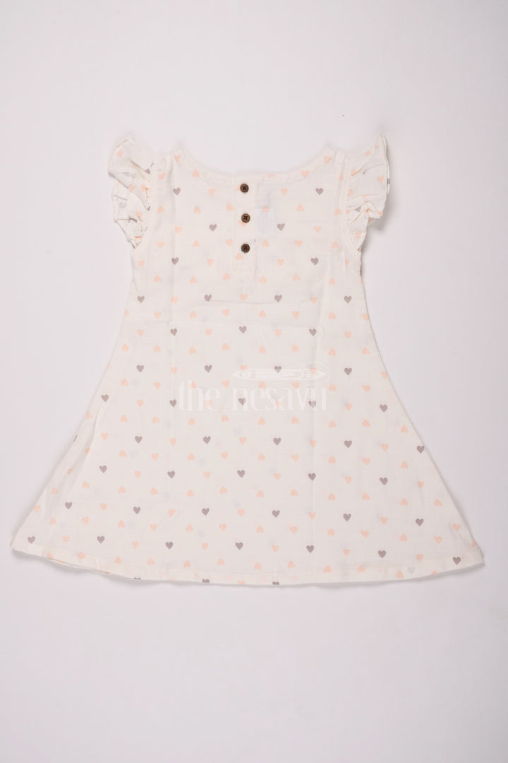 Girls White Muslin Cotton Christmas Dress with Heart Print and Ruffle Details