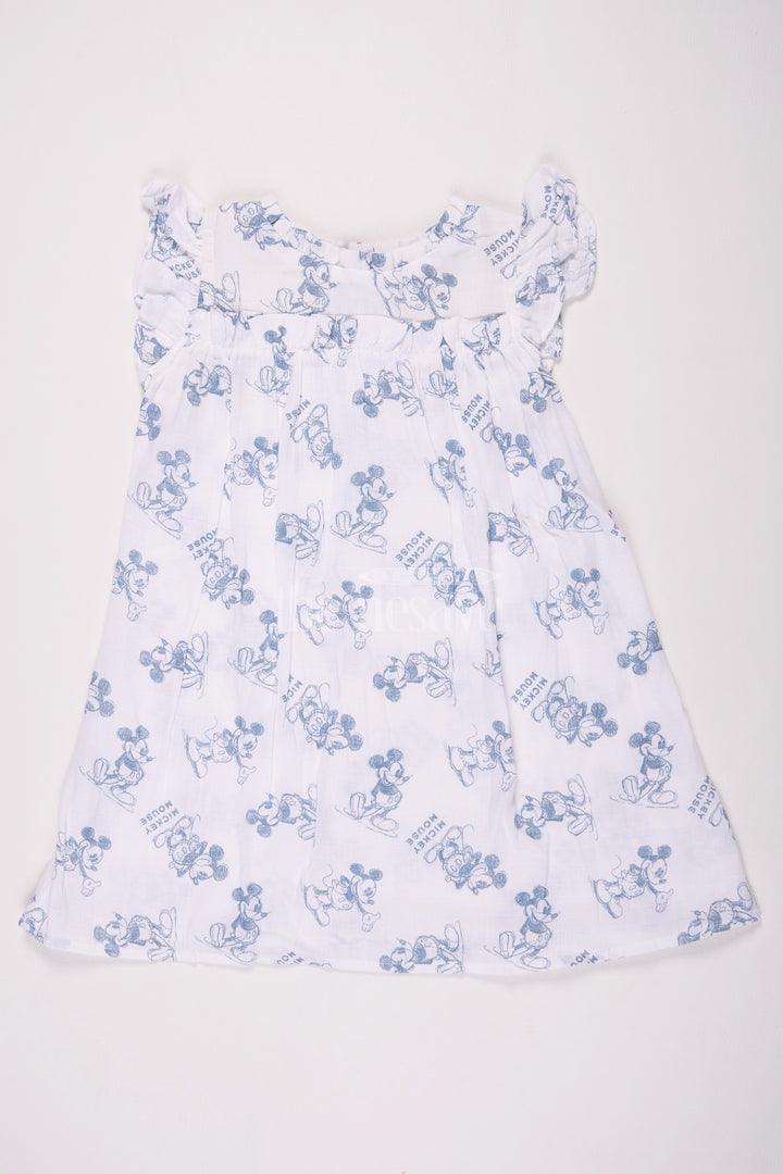 Girls Cotton Frock Design with Mickey Mouse Print in Soft Muslin Fabric