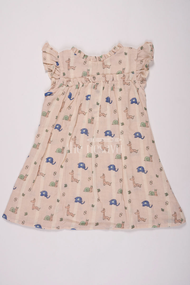 Girls Cotton Frock Ka Design Featuring Snail and Giraffe Print in Muslin Fabric