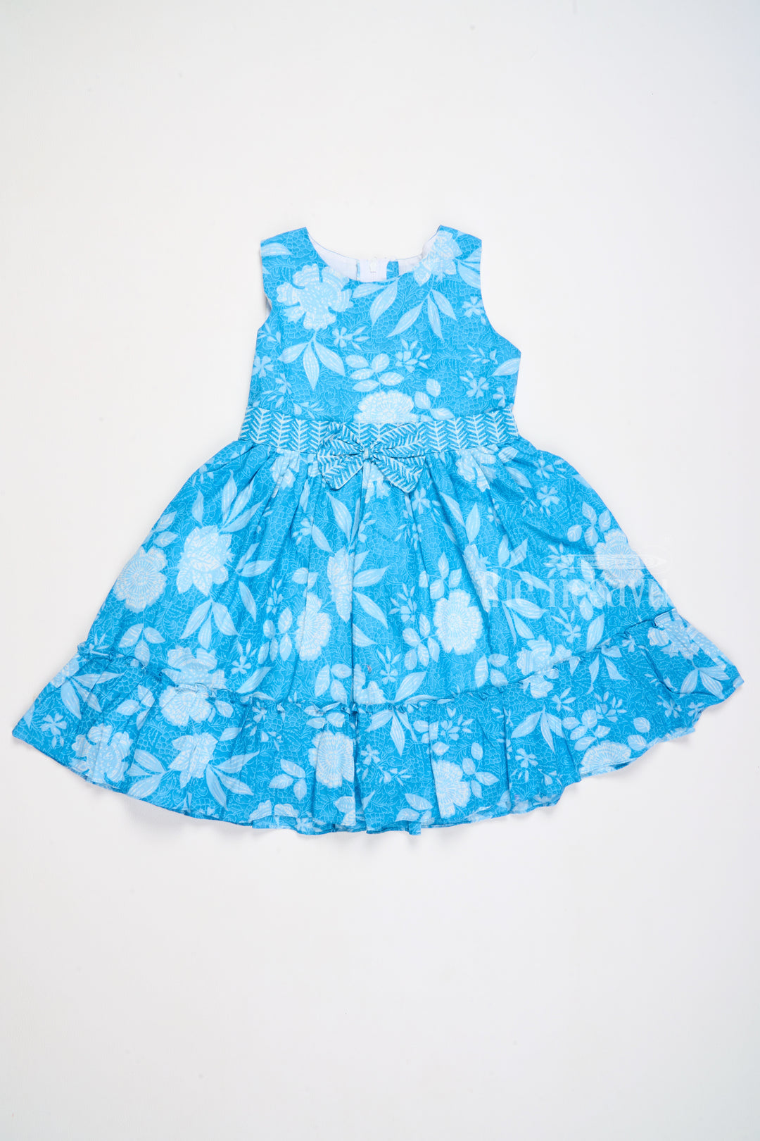 Cotton Summer Frock for Girls in Blue with Floral Patterns and Cap Sleeves