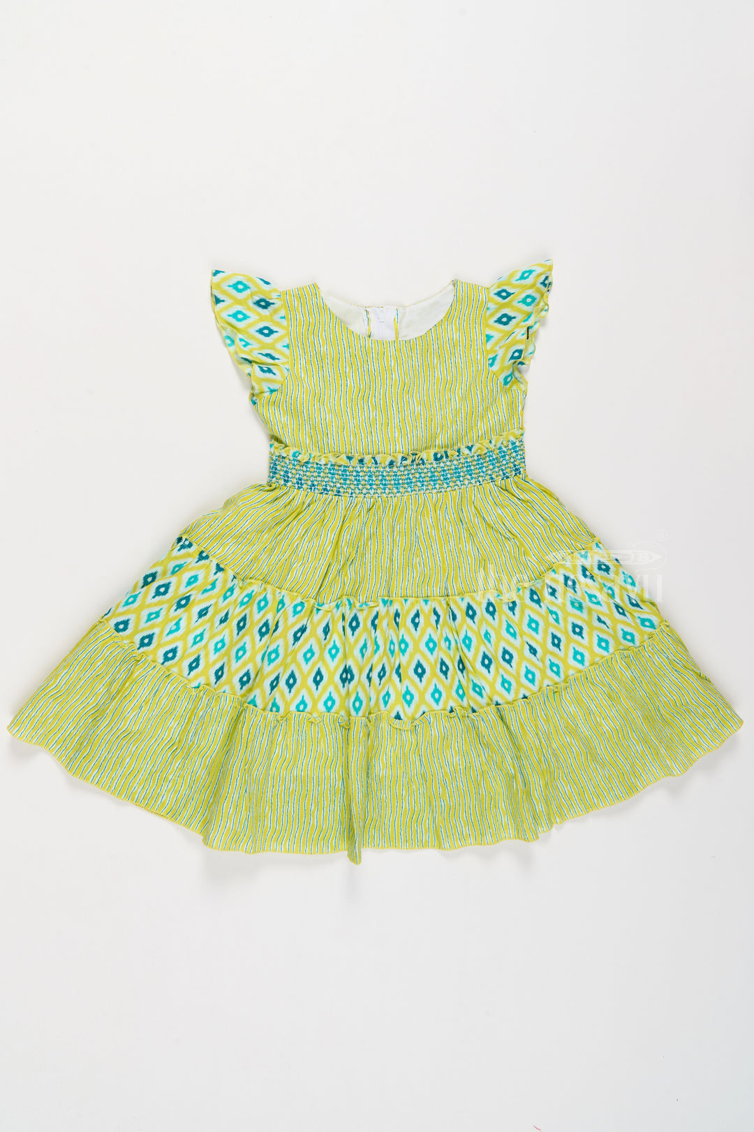 Cotton Umbrella Frock for Girls with Ikat Print and Pleated Skirt