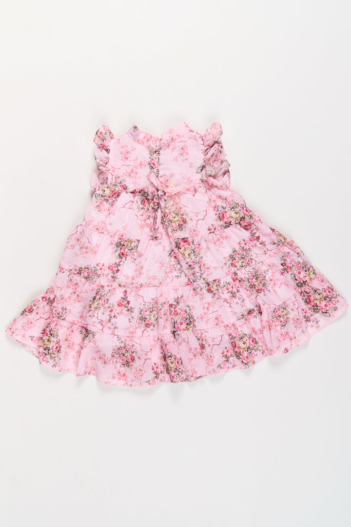 Pink Birthday Frock for Girls with Floral Patterns and Elegant Bow Detail