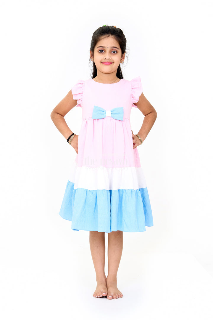 Indo Western Dress with Tiered Ruffle Hem and Contrast Bow Design for Girls