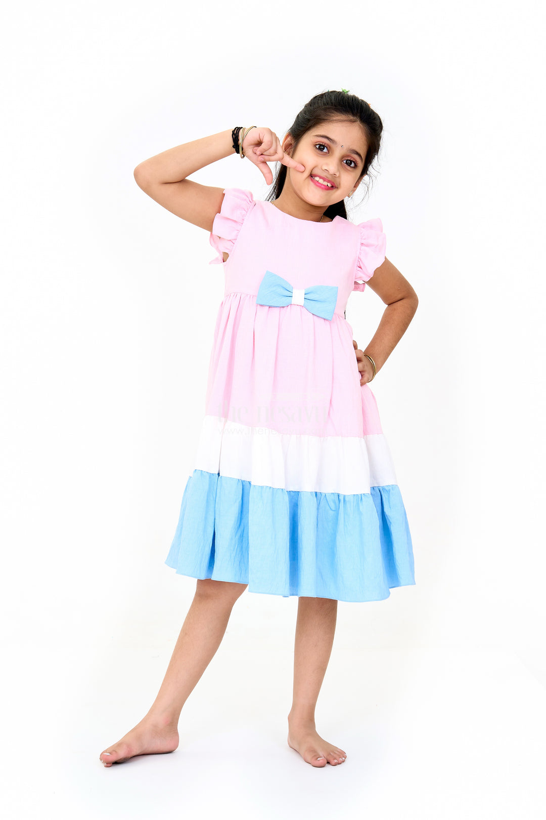 Indo Western Dress with Tiered Ruffle Hem and Contrast Bow Design for Girls