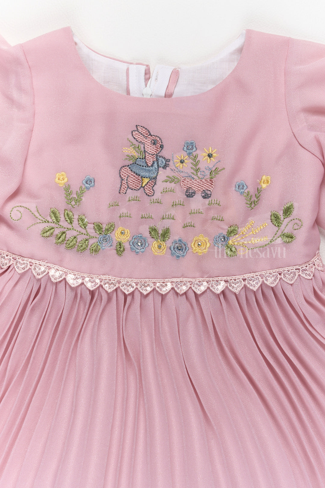 Lovely Pink Fancy Party Wear Dress for Girls with Delicate Embroidery and Puff Sleeves