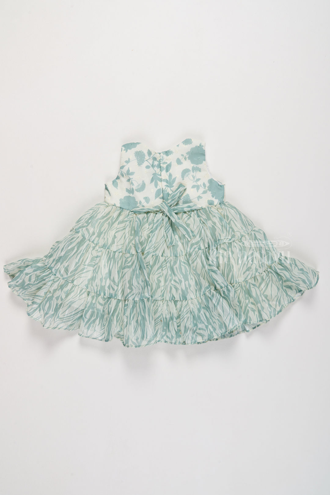 Elegant Girls Party Wear Fancy Frock in Green with Tiered Layers and Floral Embellishments