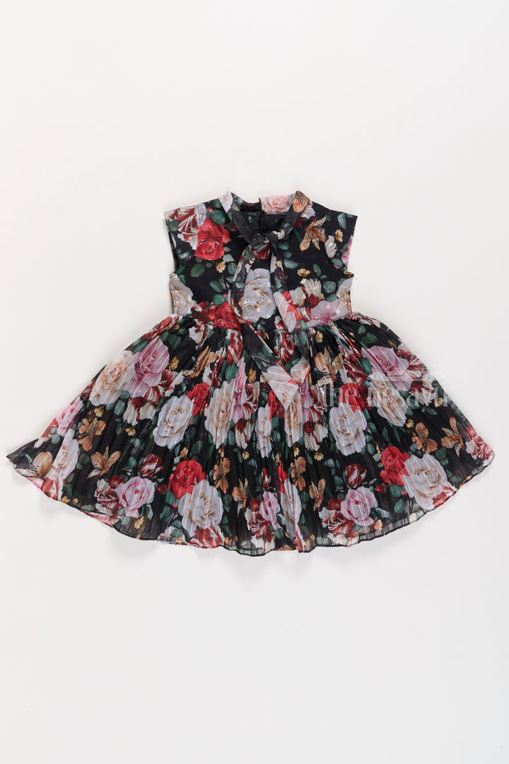 Graceful Girls Get Together Party Frock with Bold Floral Prints and Tie Neck Detail