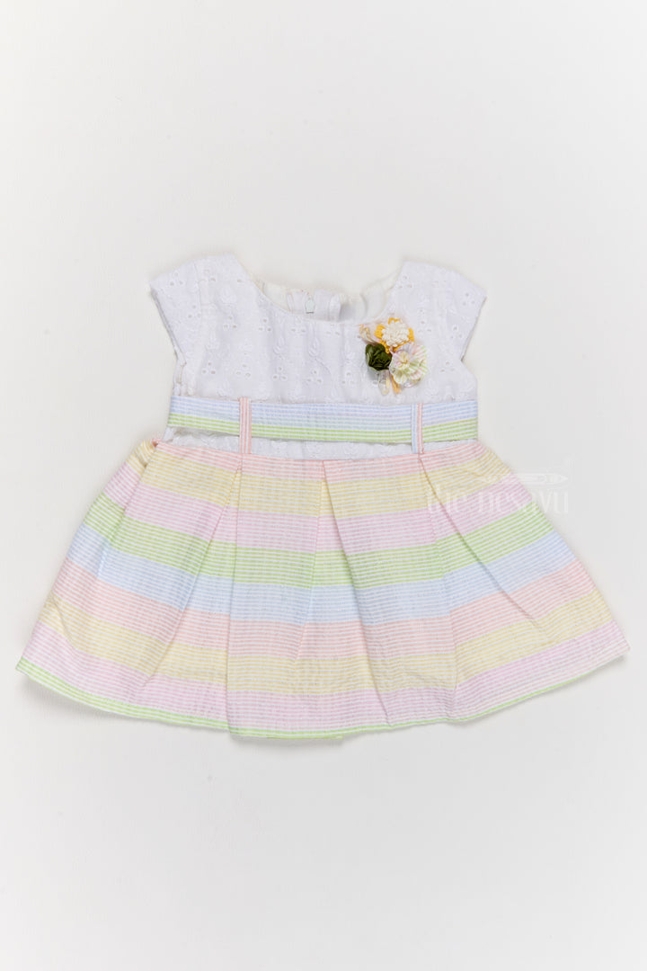 Stylish Cotton Frock for Girls with Pastel Stripes and Floral Details