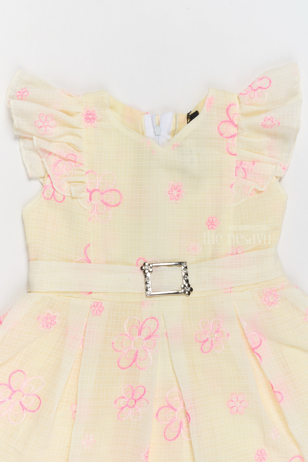 Cotton Stitched Dresses for Girls with Delicate Floral Embroidery and Ruffled Sleeves