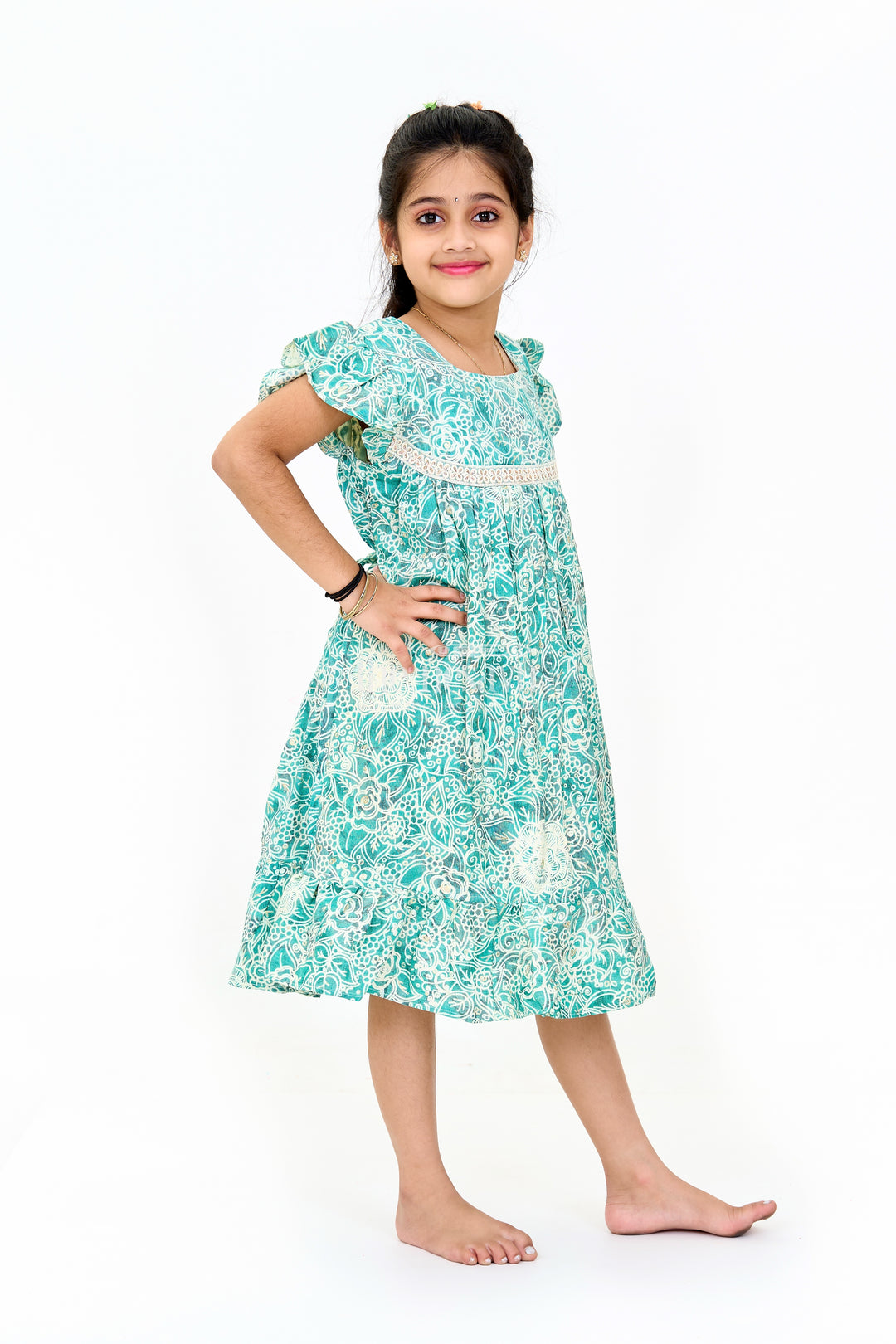 Stylish Girls Cotton One Piece Dress with Floral Print and Ruffle Hemline