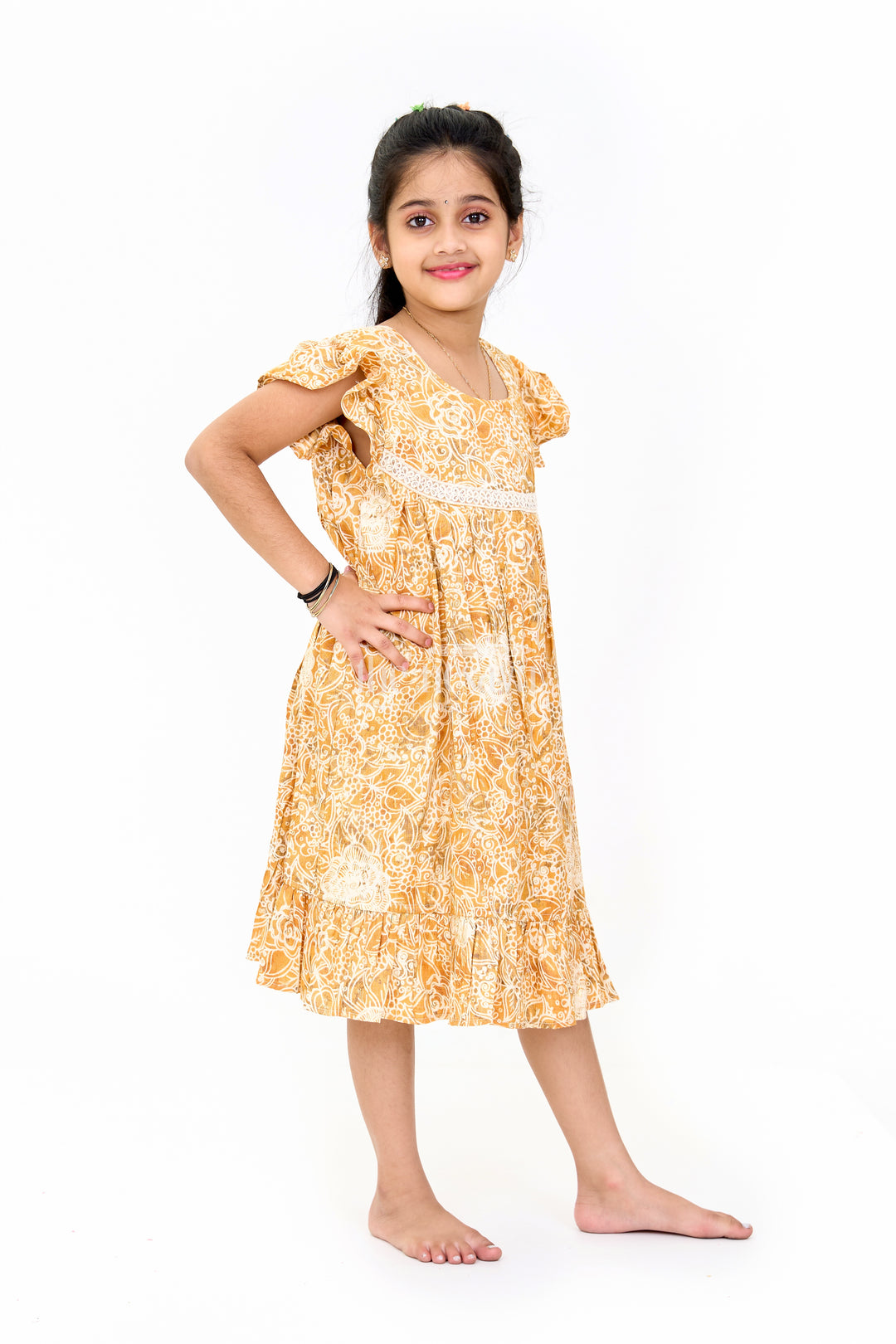 Elegant Girls Cotton Summer Dress with Vibrant Floral Pattern and Delicate Lace Design