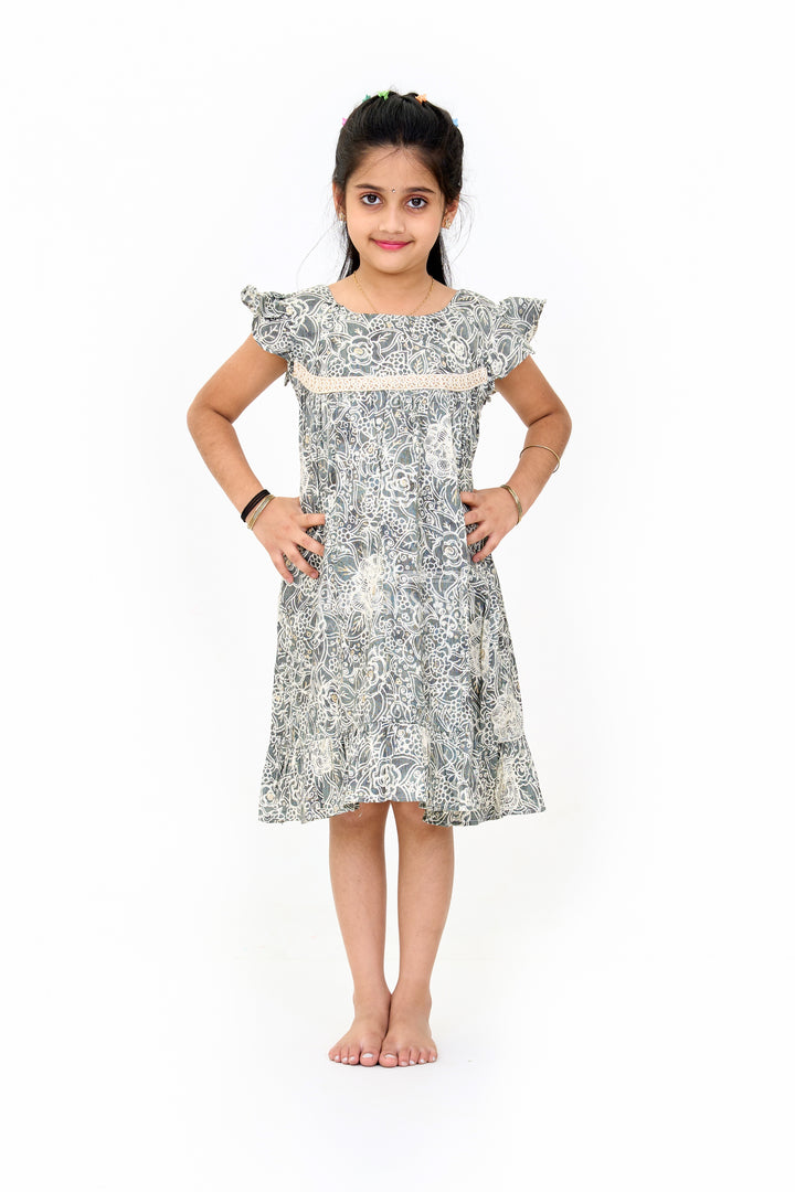 Adorable Girls Cotton Frill Frock with Lace Yoke and Botanical Floral Print