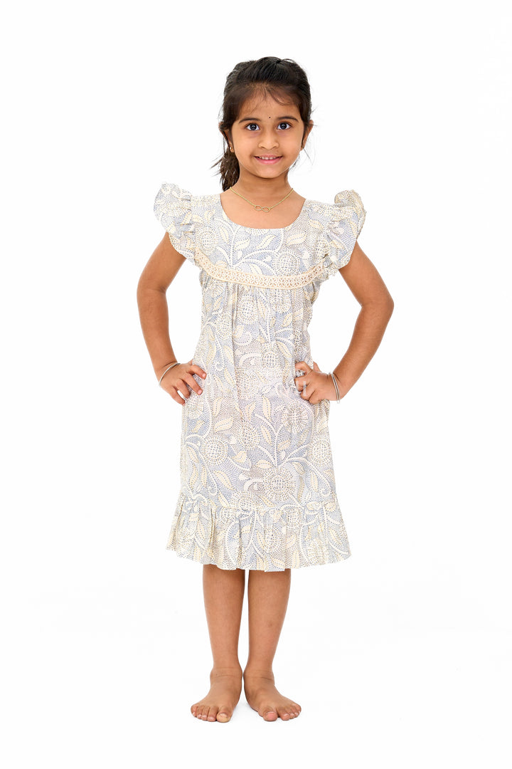 Elegant Girls Floral Cotton Dress with Vibrant Print and Ruffle Details