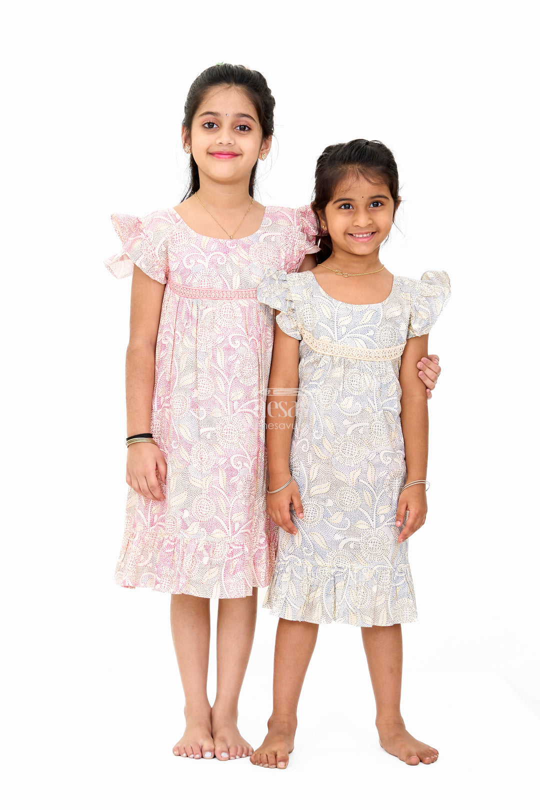 Elegant Girls Floral Cotton Dress with Vibrant Print and Ruffle Details