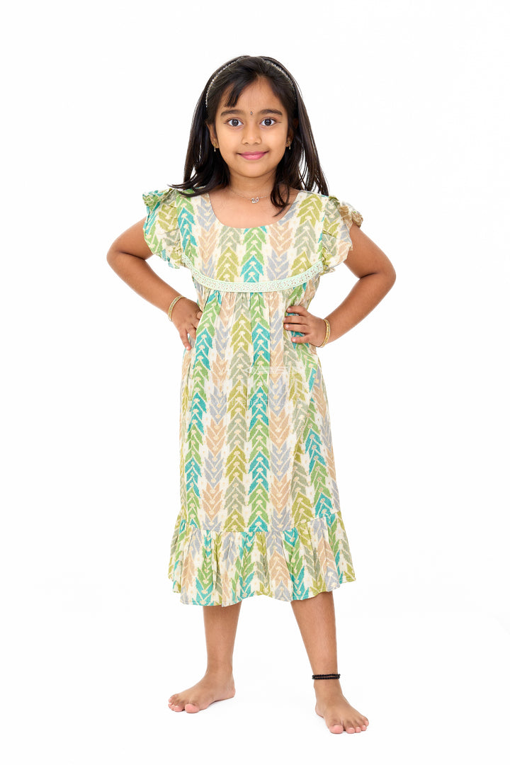 Chic Girls Cotton Summer Frock with Chevron Pattern and Breathable Rayon Fabric