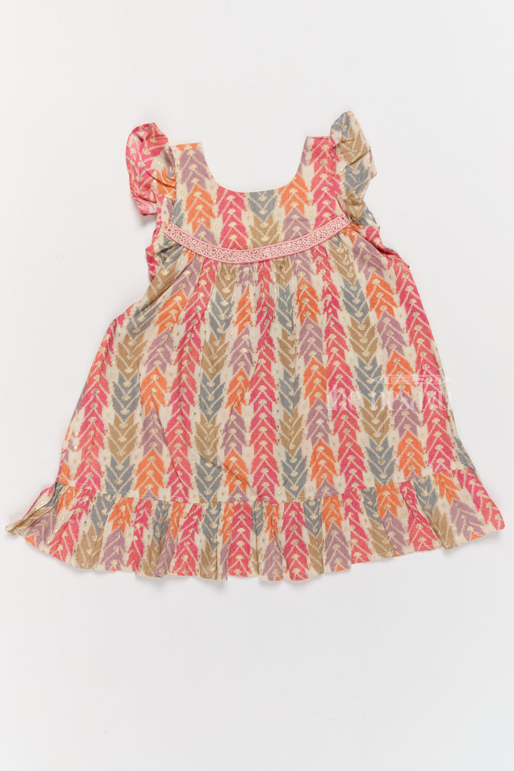 Elegant Girls Cotton Chikan Dress with Vibrant Chevron Print and Intricate Lace Details