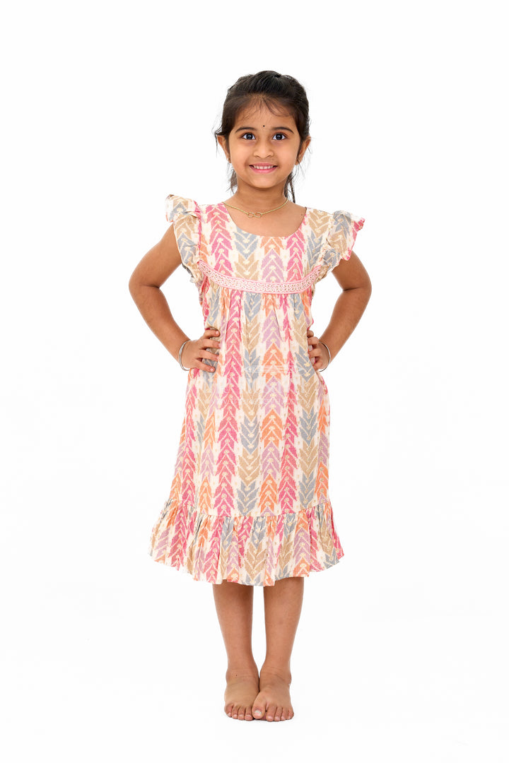 Elegant Girls Cotton Chikan Dress with Vibrant Chevron Print and Intricate Lace Details